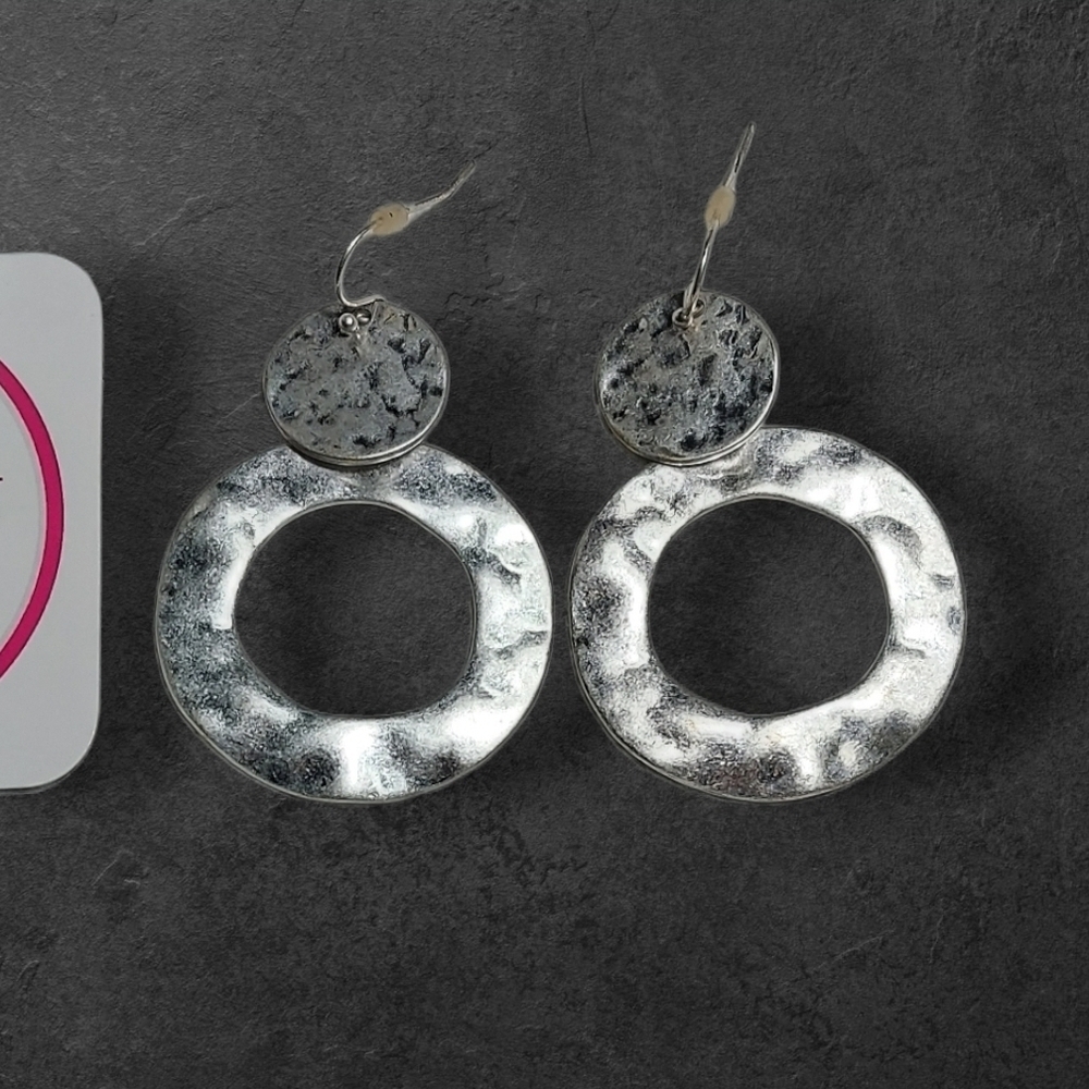 NWT NADINE WEST Silver Hammered O Ring Drop Earrings ~2"